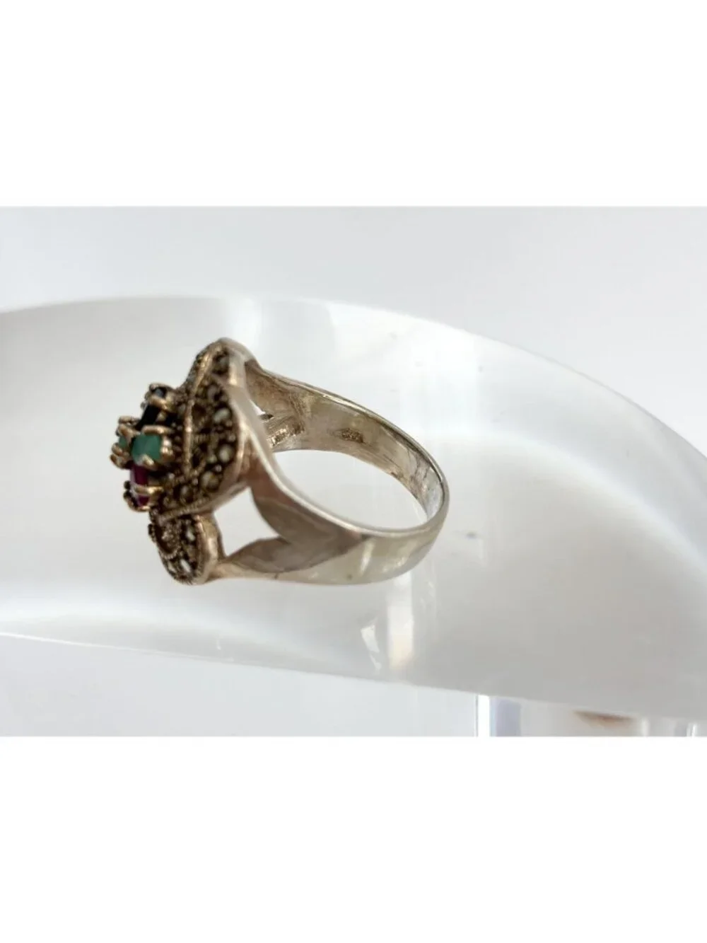 Art Deco Marcasite, Emerald, Garnet Sterling Silver 925 Vintage Ring - sz 9.75